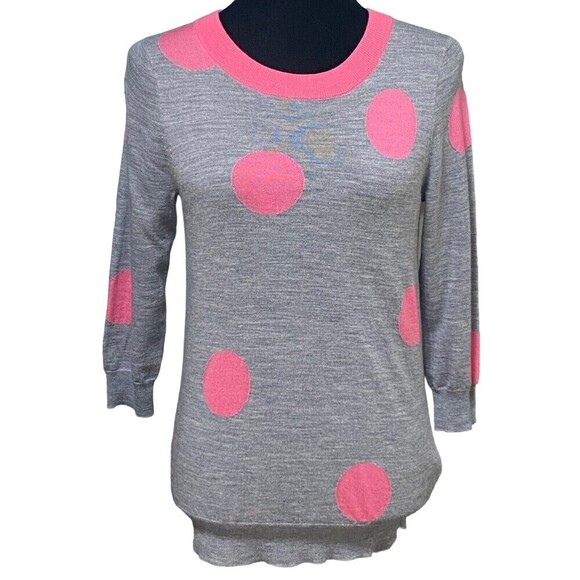 J.Crew Tippi Gray Pink Polka Dot Merino Wool Sweater Small Retro Style - Picture 1 of 7